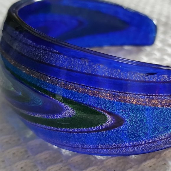 Murano Style Venetian Art Glass Cuff Bracelet Cobalt Blue Metallic Galaxy Swirl - Picture 3 of 6